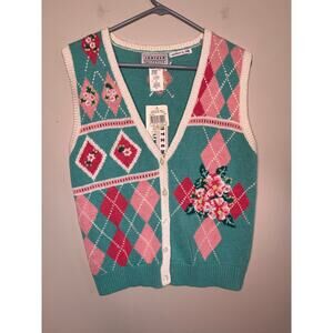 NWT 1990s Jantzen Teal Pink Argyle Floral Coquette Kawaii Kei Sweater Vest M